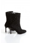 Kadın Siyah Şık Gümüş Parlak Taşlı İnce Topuklu Rahat Bot