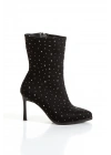 Kadın Siyah Şık Gümüş Parlak Taşlı İnce Topuklu Rahat Bot