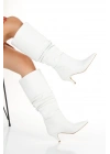 Kadın Beyaz Suni Deri Cilt Sivri Burunlu İnce Topuklu Rahat Körüklü Çizme