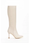 Kadın Bej Suni Deri Cilt Sivri Burunlu İnce Topuklu Rahat Çizme