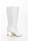 Kadın Beyaz Suni Deri Cilt Sivri Burunlu İnce Topuklu Rahat Çizme