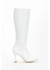 Kadın Beyaz Suni Deri Cilt Sivri Burunlu İnce Topuklu Rahat Çizme