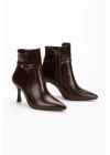 Kadın Kahverengi Sivri Burunlu İnce Topuklu Rahat Şık Toka Detaylı Bot