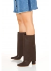 Kadın Kahve Suni Deri Cilt Yeni Tarz Silindir Paça Sivri Burunlu Kalın Topuklu Rahat ve Şık Çizme