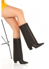 Kadın Siyah Suni Deri Cilt Yeni Tarz Silindir Paça Sivri Burunlu Kalın Topuklu Rahat ve Şık Çizme