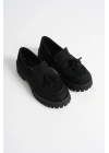 Kadın Siyah Süet Şık Püskül Detaylı Kalın Tabanlı Rahat Loafer Ayakkabı
