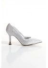Kadın Gümüş Saten Damla Taşlarla Bezenmiş 8 cm İnce Galvaniz Topuklu Arkası Kapalı Rahat Stiletto