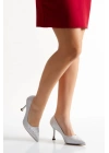 Kadın Gümüş Saten Damla Taşlarla Bezenmiş 8 cm İnce Galvaniz Topuklu Arkası Kapalı Rahat Stiletto