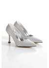 Kadın Gümüş Damla Taşlarla Bezenmiş8 cm Galvaniz Topuk Arkası Kapalı Rahat Stiletto ve Çanta Kombini
