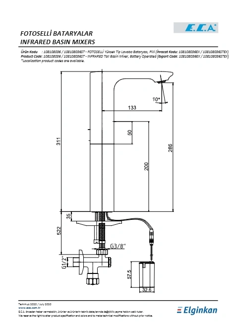 Eca Compact Fotoselli Yüksek Tip Lavabo Bataryası Pilli
