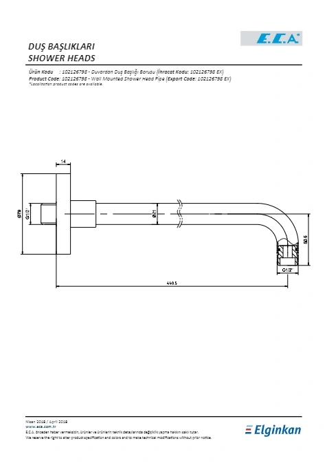 Eca Duş Başlığı Borusu Duvarda Yuvarlak 440,5 Mm