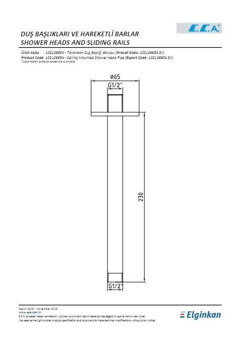 Eca Duş Başlığı Borusu Tavandan Yuvarlak 230 Mm