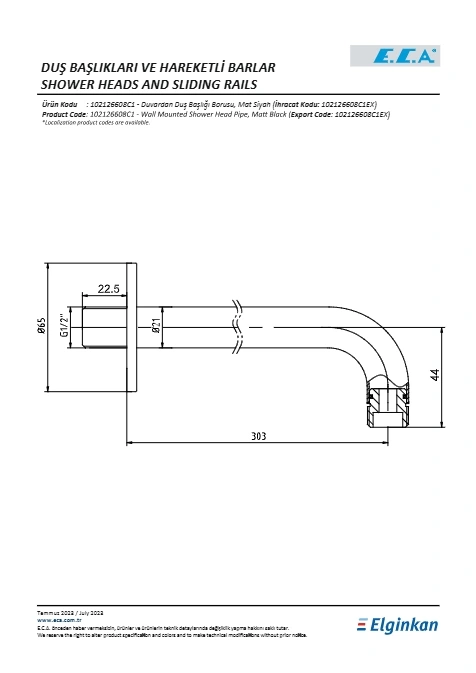 ECA Duvardan Duş Başlığı Borusu Mat Siyah