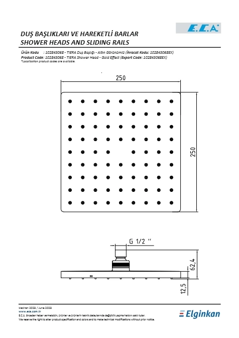 Eca Tiera Duş Başlığı Altın Görünümlü 250x250