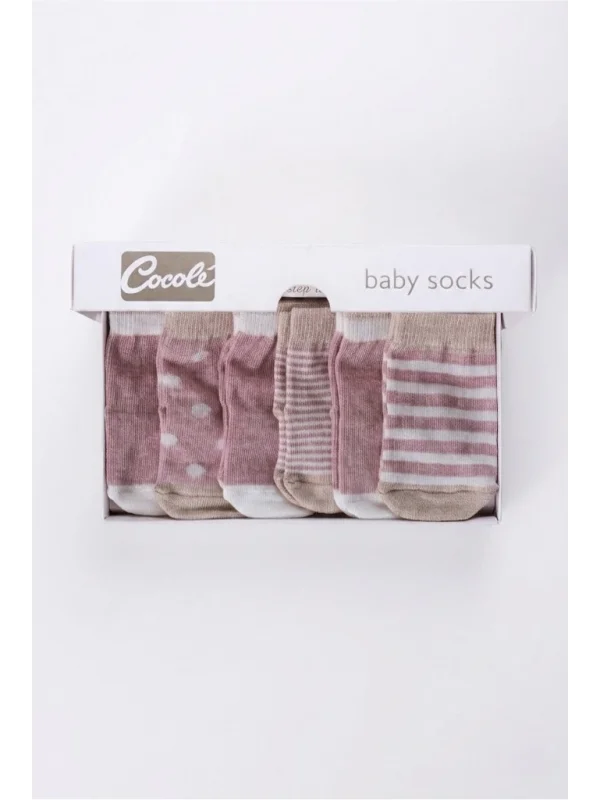 Cocole Socks Kız Bebek Çorabı Kutulu 6’lı Set Pamuklu Gül Kurusu 0-1 Yaş