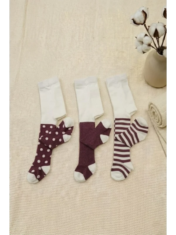 Cocole Socks Kız Bebek Külotlu Çorabı 3lü Set Pamuklu Bordo 0-24 Ay