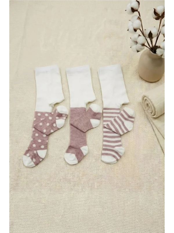 Cocole Socks Kız Bebek Külotlu Çorabı 3lü Set Pamuklu Gül Kurusu 0-24 Ay