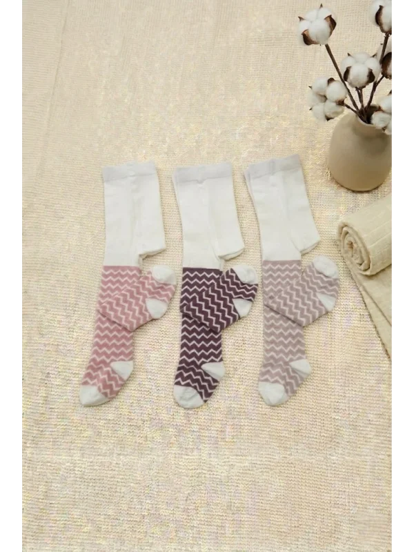 Cocole Socks Kız Bebek Külotlu Çorabı 3lü Set Pamuklu Zigzag 0-24 Ay