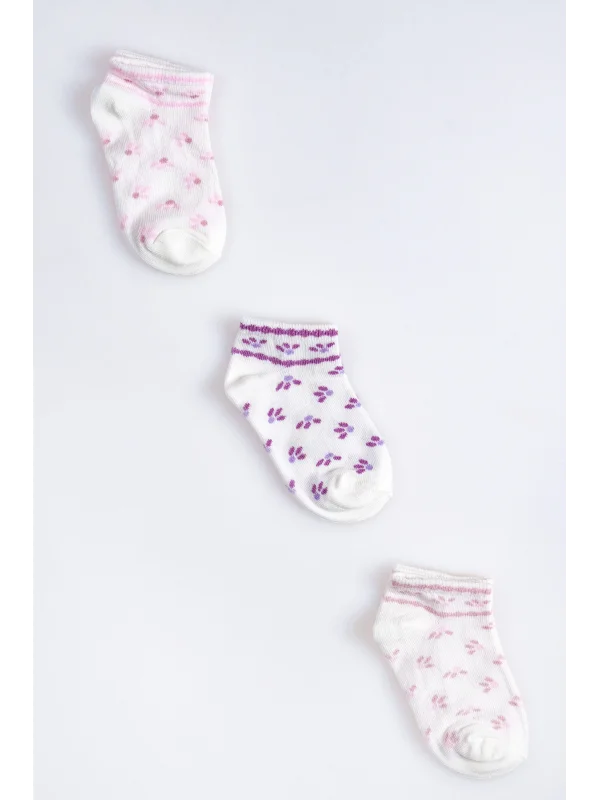Cocole Socks Kız Bebek Patik Çorabı 3’lü Set – Pamuklu Pembe & Mor Desenli