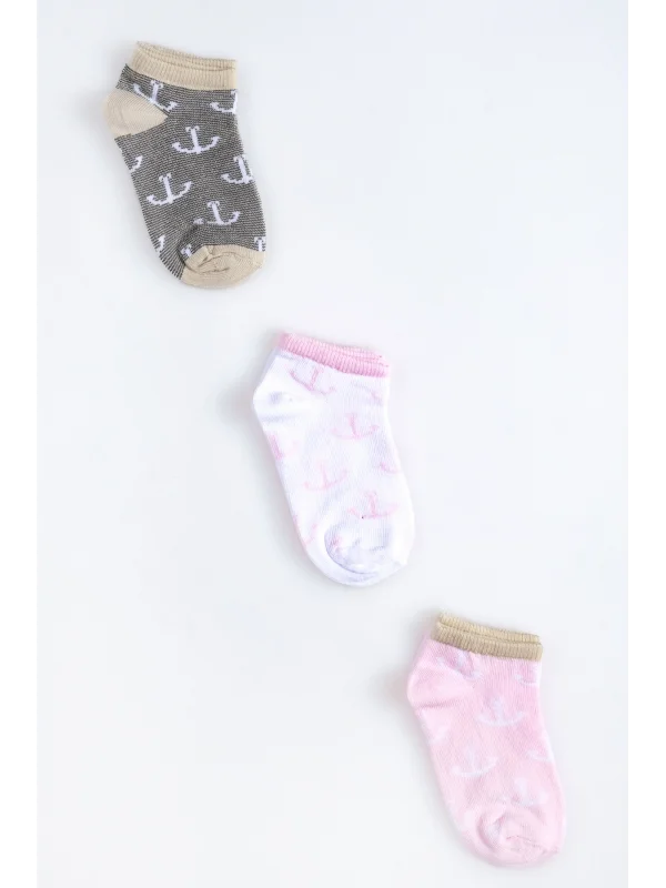 Cocole Socks Kız Bebek Patik Çorabı 3’lü Set – Pamuklu Minik Çapa Desenli