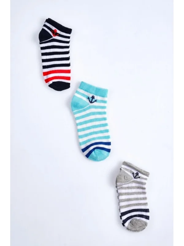 Cocole Socks Erkek Bebek Patik Çorabı 3’lü Set – Pamuklu Çapa Detaylı Çizgili Desenli