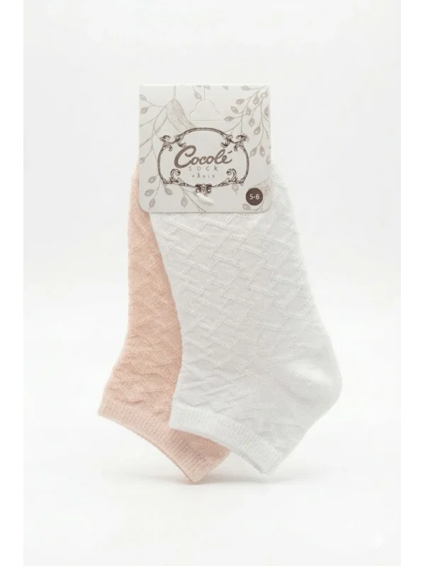 Cocole Socks Kız Bebek Patik Çorabı 2li Set Pamuklu Beyaz & Somon Baklava Desenli
