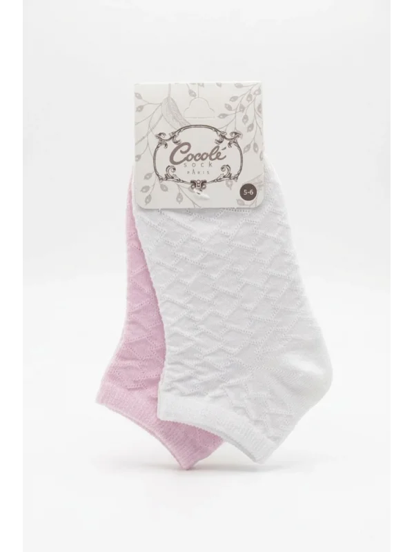 Cocole Socks Kız Bebek Patik Çorabı 2li Set Pamuklu Beyaz & Pudra Pembe Baklava Desenli