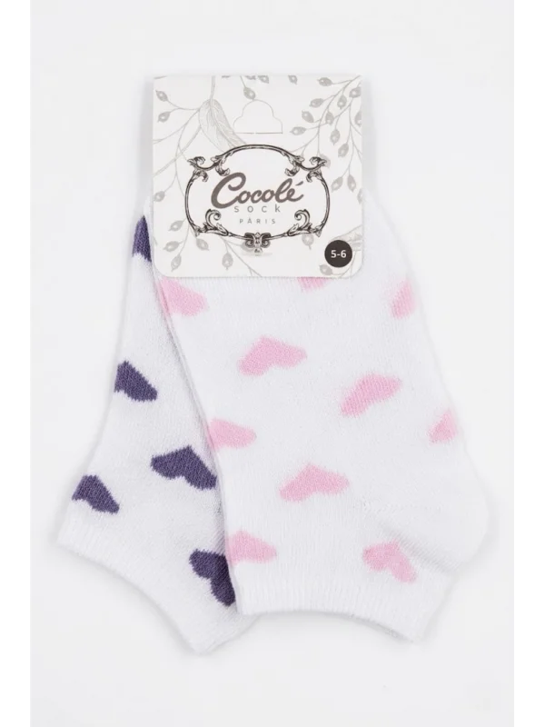 Cocole Socks Kız Bebek Patik Çorabı 2’li Set Pamuklu Beyaz Zemin Üzeri Pudra Pembe & Mor Kalp Desenli