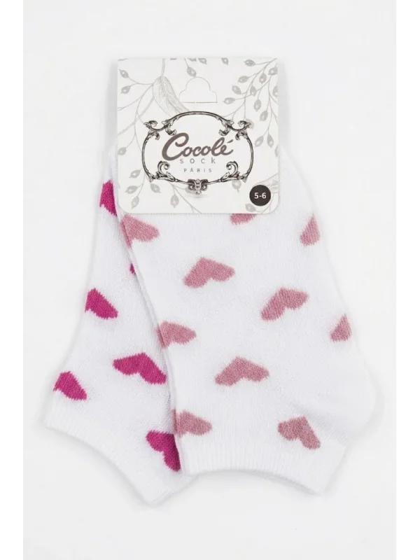 Cocole Socks Kız Bebek Patik Çorabı 2’li Set Pamuklu Beyaz Zemin Üzeri Fuşya & Gül Kurusu Kalp Desenli