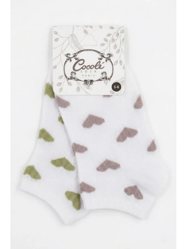 Cocole Socks Kız Bebek Patik Çorabı 2’li Set Pamuklu Beyaz Zemin Üzeri Yeşil & Mürdüm Kalp Desenli