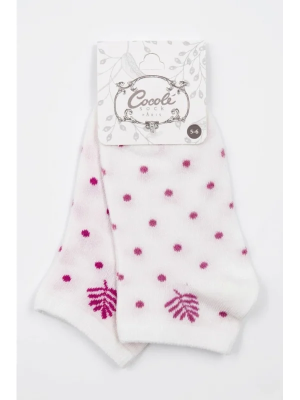 Cocole Socks Kız Bebek Patik Çorabı 2’li Set Pamuklu Ekru Zemin Üzeri Fuşya Puantiye & Yaprak Desenli