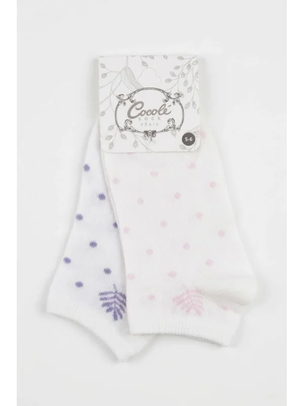 Cocole Socks Kız Bebek Patik Çorabı 2’li Set Pamuklu Beyaz Zemin Üzeri Lila & Pudra Pembe Puantiye Yaprak Desenli