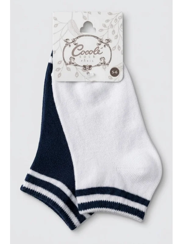 Cocole Socks Erkek Çocuk Patik Çorabı 2’li Set Pamuklu Beyaz & Lacivert Çizgi Detaylı
