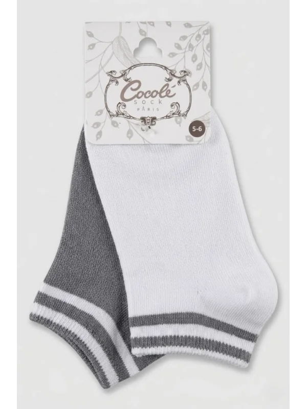 Cocole Socks Erkek Çocuk Patik Çorabı 2’li Set Pamuklu Beyaz & Gri Çizgi Detaylı