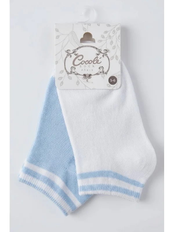 Cocole Socks Erkek Çocuk Patik Çorabı 2’li Set Pamuklu Beyaz & Mavi Çizgi Detaylı