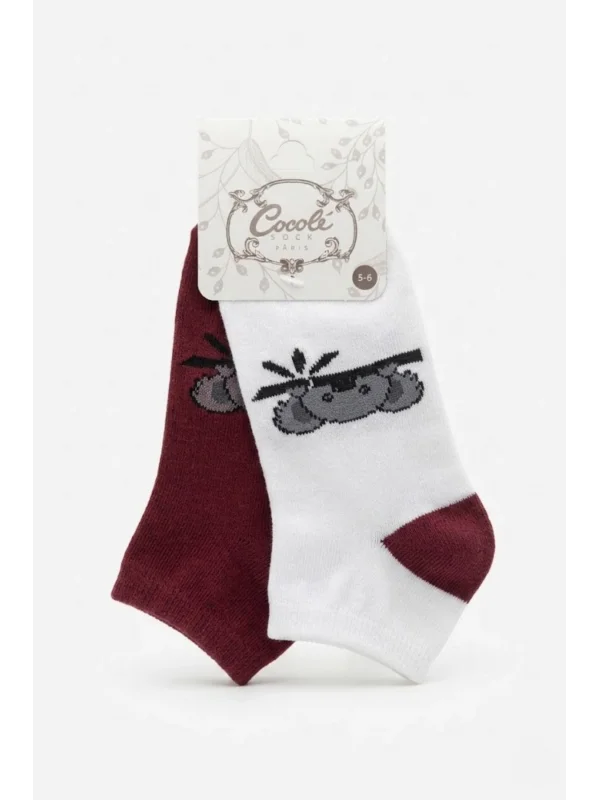 Cocole Socks Çocuk Patik Çorabı 2’li Set Pamuklu Beyaz & Bordo Koala Desenli