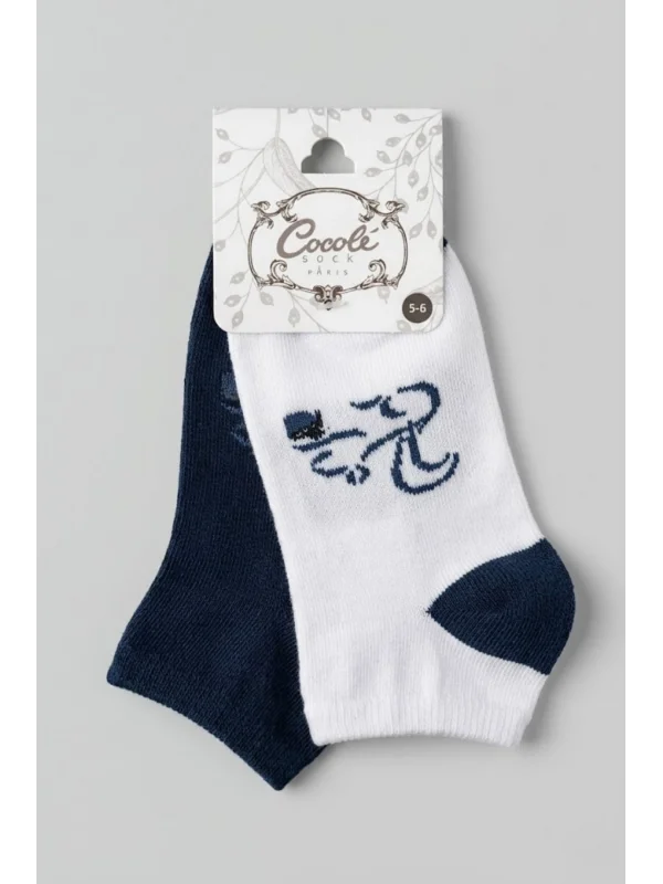 Cocole Socks Erkek Çocuk Patik Çorabı 2’li Set Beyaz & Lacivert Sincap Desenli