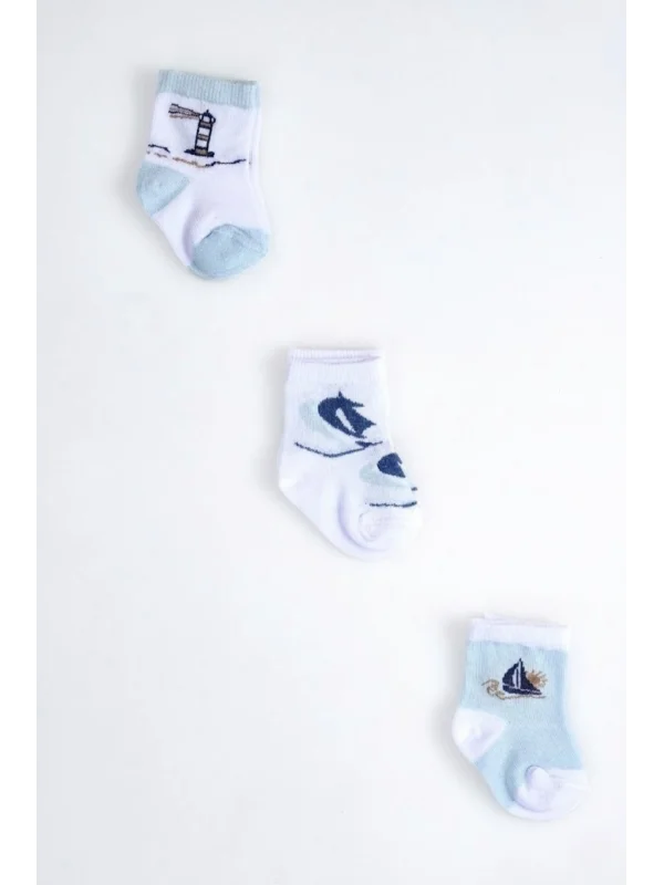 Cocole Socks Erkek Çocuk Soket Çorabı 3’lü Set – Pamuklu Marin & Deniz Desenli