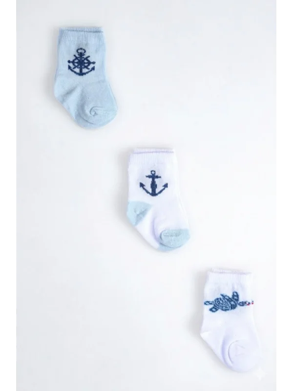 Cocole Socks Erkek Çocuk Soket Çorabı 3’lü Set – Pamuklu Kaplumbağa & Nautical Konsept Desenli