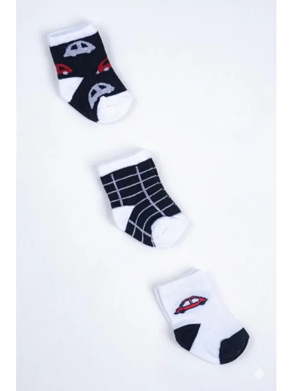 Cocole Socks Erkek Çocuk Soket Çorabı 3’lü Set – Pamuklu Araba & Ekose Desenli