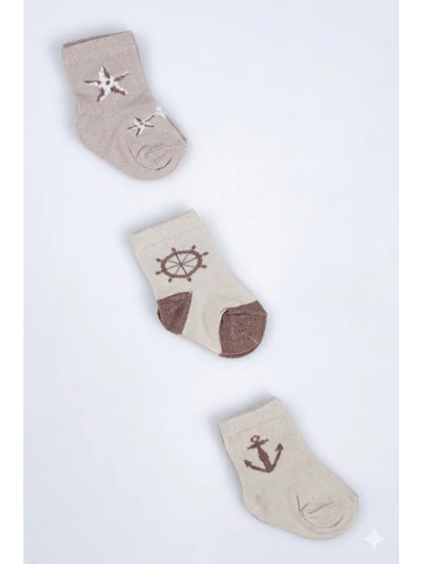 Cocole Socks Erkek Çocuk Soket Çorabı 3’lü Set – Pamuklu Bej Marin & Çapa Desenli