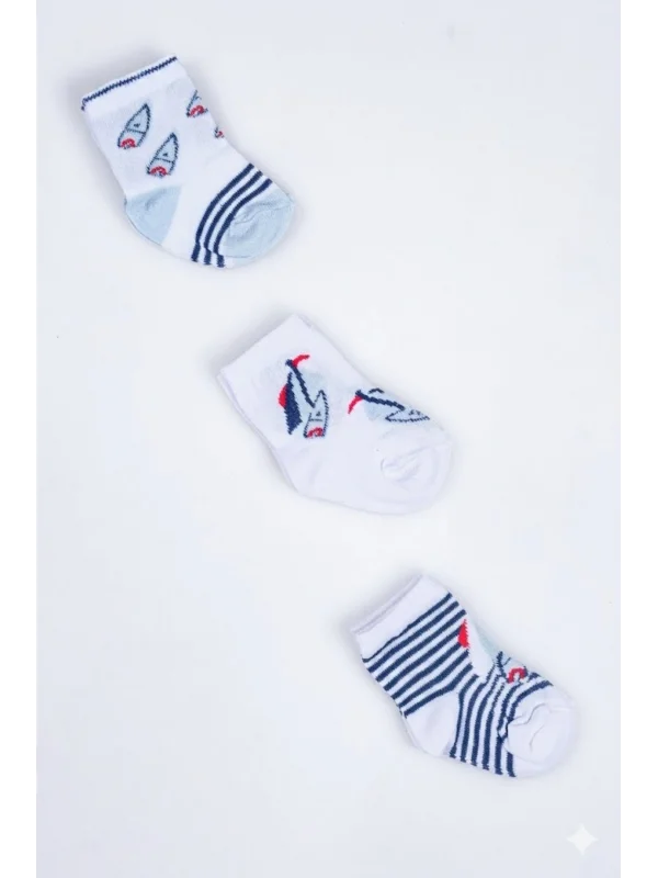 Cocole Socks Erkek Çocuk Soket Çorabı 3’lü Set – Pamuklu Marin & Nautical Desenli