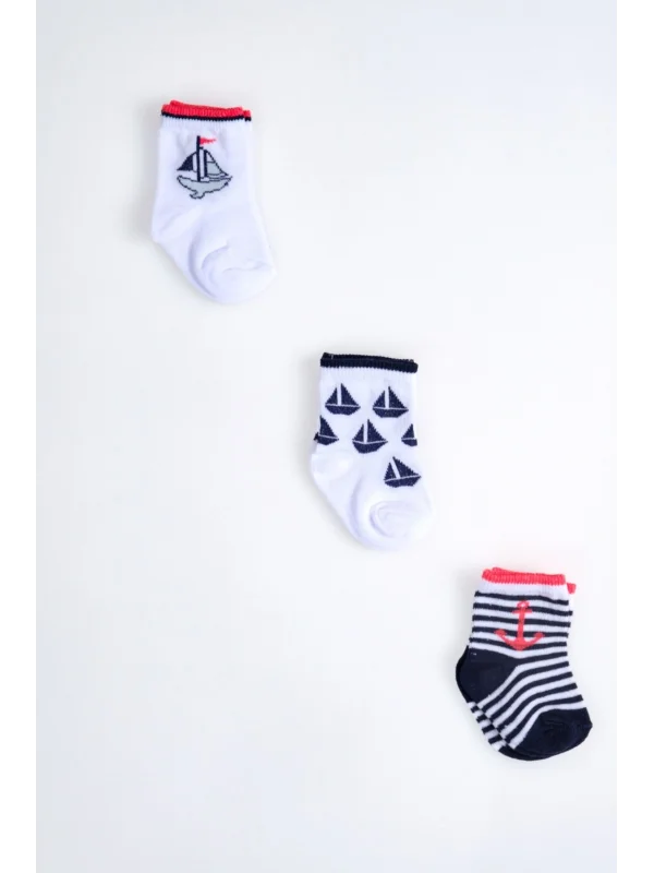 Cocole Socks Erkek Çocuk Soket Çorabı 3’lü Set – Pamuklu Yelkenli & Çapa Desenli