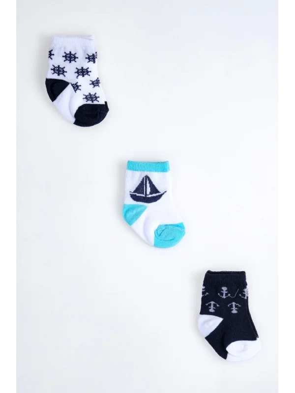 Cocole Socks Erkek Çocuk Soket Çorabı 3’lü Set – Pamuklu Dümen & Yelkenli & Çapa Desenli