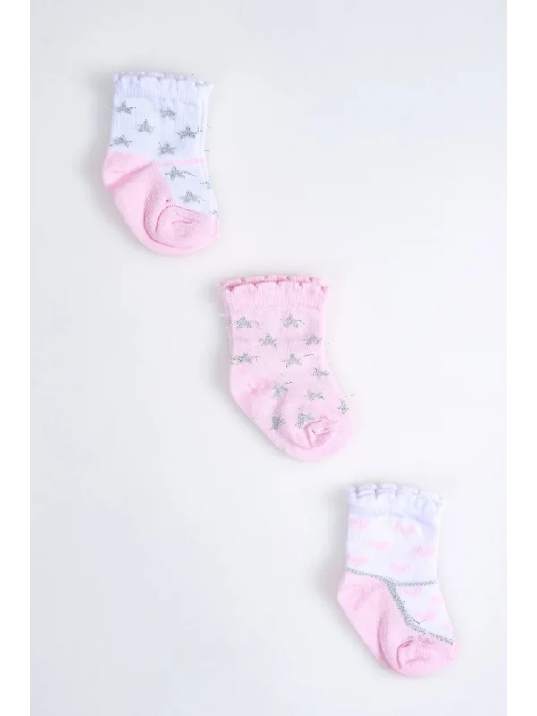 Cocole Socks Kız Çocuk Soket Çorabı 3’lü Set – Pamuklu Fırfırlı Bilek & Simli Yıldız Desenli
