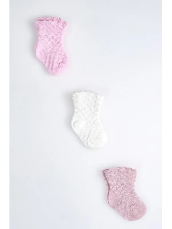 Cocole Socks Kız Çocuk Soket Çorabı 3’lü Set – Pamuklu Klasik Seri & Petek Örgü Desenli