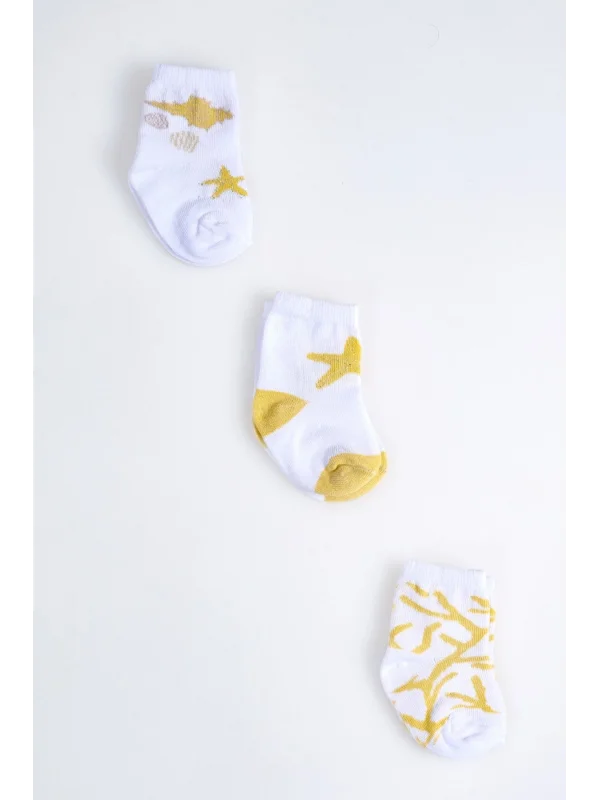Cocole Socks Kız Çocuk Soket Çorabı 3’lü Set – Pamuklu Hardal & Mercan Desenli
