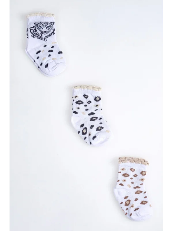 Cocole Socks Kız Çocuk Soket Çorabı 3’lü Set – Pamuklu Fırfırlı Bilekli & Leopar Desenli