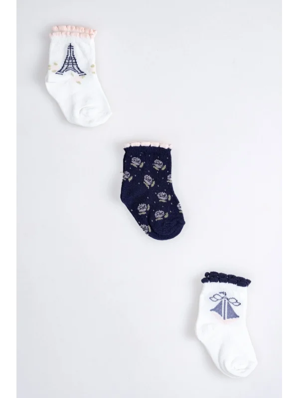 Cocole Socks Kız Çocuk Soket Çorabı 3’lü Set – Pamuklu Paris Temalı & Çiçekli Desenli
