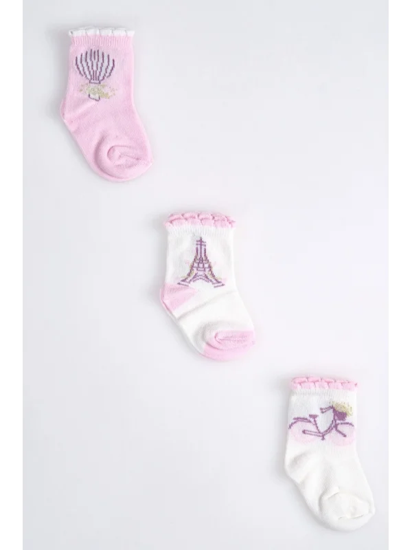 Cocole Socks Kız Çocuk Soket Çorabı 3’lü Set – Pamuklu Paris Temalı & Bisiklet Desenli
